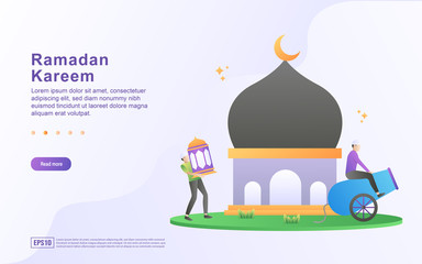 Naklejka premium Ramadan kareem flat design concept. People see fireworks during Ramadan. Welcoming Ramadan with fireworks. Be happy when Ramadan comes. Can use for web landing page, banner, ui. Vector Illustration