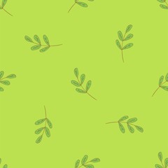 Seamless pattern with spring and summer twigs. Colorful illustration on a green background. Suitable for packaging, print, fabric