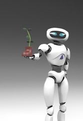 robot with plant in shoe,isolated on grey bacground, 3d render.