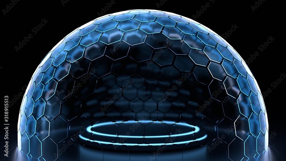Poster 3d rendering of futuristic pedestal surround with hexagon grid sphere nano shield with glowing edge 