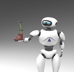 robot with plant in shoe,isolated on grey bacground, 3d render.