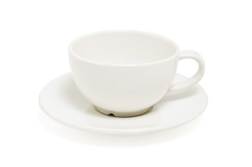 Empty white coffee cup on plate top view isolated on white background. With clipping path