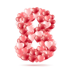 The figure eight is made up of heart-shaped balloons. Symbol of international women s day. March 8th realistic style. Isolated on a white background. Vector illustration