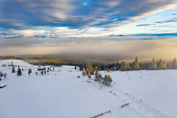 Drone view of magic winter landscape. Holiday, travel concept.