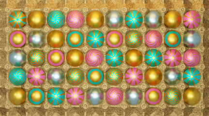 Large rectangular pattern of multicolored chocolate Easter eggs in a cardboard pallet. 3D illustration beautiful sweets in pink, blue, gold and silver foil, top view. 