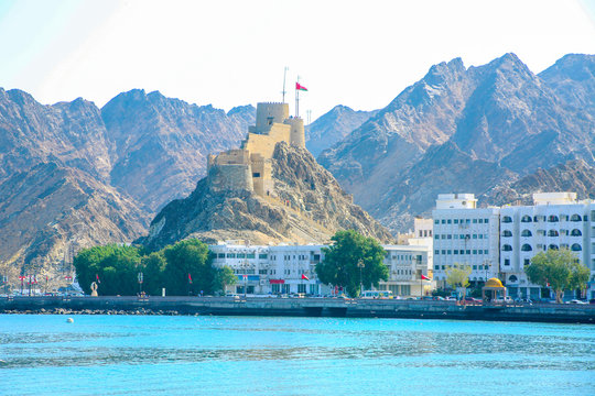 Mutrah Castle or Fort on the coastline of the city of Muscat, Oman.