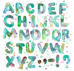 All letters of the latin alphabet painted with watercolors, with drops of paint and colorful spots