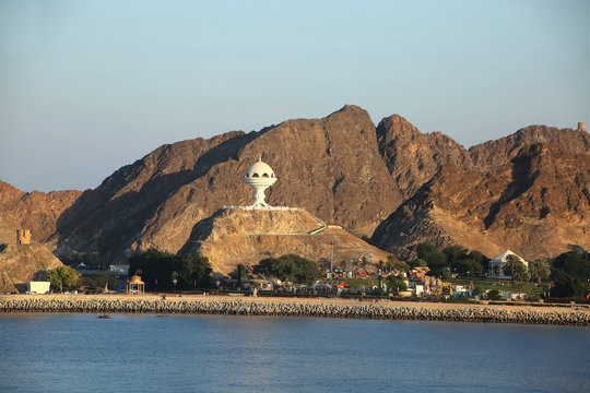 Coastine of Muscat with Al-Riyam Park & a beautiful sculpture of an incensce burner, Oman.