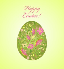 Easter greeting card with painted green egg with decorative floral ornament