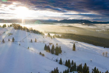 Drone view of magic winter landscape. Holiday, travel concept.