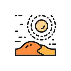 Vector desert, dunes, sandy landscape flat color line icon.