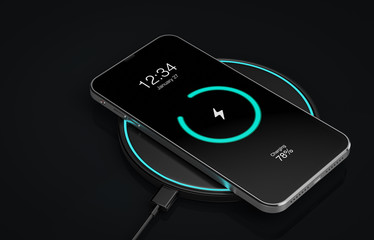Charging smartphone with wireless charger - 3d rendering - obrazy, fototapety, plakaty