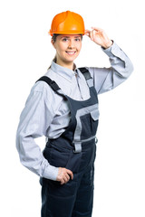 The head of the women's construction team showed his greetings with all his appearance. Isolated