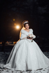 Fototapeta premium Fashion bride beautiful woman in wedding dress, vogue style model bridal luxury dress, wedding hairstyle and makeup, girl with crown. Beautiful bride with bouquet. Evening photoshoot