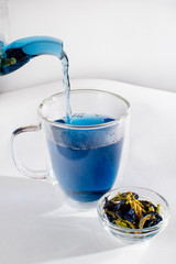 Obraz na płótnie Canvas Butterfly pea flower tea is brewed served into a transparent cup. Next to the cup are dry inflorescences