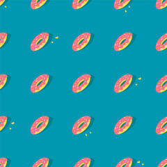 Vector seamless pattern with flat doughnuts on the blue background.