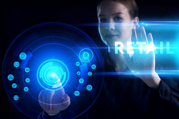 Business, Technology, Internet and network concept. Young businessman working on a virtual screen of the future and sees the inscription: Retail