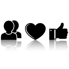 Icons: people, heart and thumb up with mirror reflection