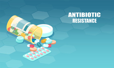 Vector of antibiotic capsules spilling out bottle.