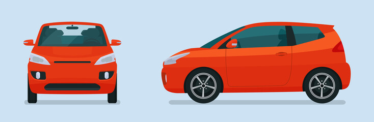 Compact hatchback car two angle set. Car side and front view. Vector flat illustration.