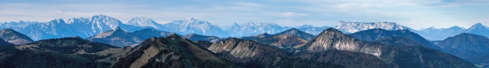 Picturesque autumn Alps mountain view from Schafberg viewpoint, Salzkammergut, Upper Austria.