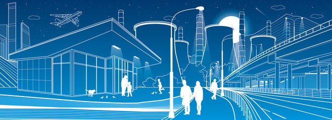 Outline industry and city panorama. Evening town urban scene. People walking at garden. Illuminated highway  Night shop. Power Plant in mountains. White lines on blue background. Vector design art