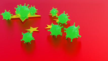 coronavirus concept, 3d illustration of red virus on China flag, virus in china