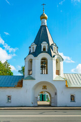 Fototapeta na wymiar Pskov, the bell tower of the Church of Michael and Gabriel Archangels from Gorodets