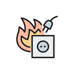 Dangerous electrical outlet, short circuit flat color line icon.