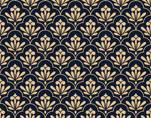 Flower geometric pattern. Seamless vector background. Gold and dark blue ornament. Ornament for fabric, wallpaper, packaging. Decorative print