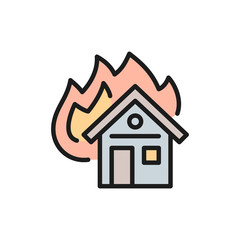 Burning house, fire insurance flat color line icon.