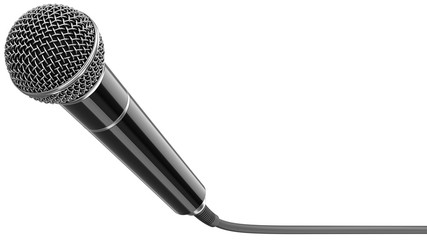 Wired microphone as a concept for karaoke, radio broadcasting and sound recording. 3D rendering illustration of a black mic with cable isolated on a white background