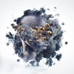 Beautiful abstract collage, background with 3d elements and clouds. 3d illustration, 3d rendering.