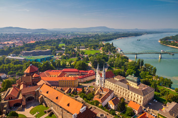 View of the historic town from the Esztergom basilica in Hungary. The Danube river and the border...