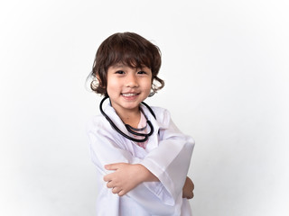Kid girl with stethoscope, in white doctor uniform, healthy child, doctor kids