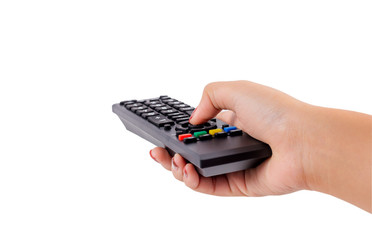 Woman hand holding TV remote control with clipping path isolated on white background.