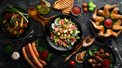 Salad with mussels, grapefruit and vegetables. Top view. Free space for your text.