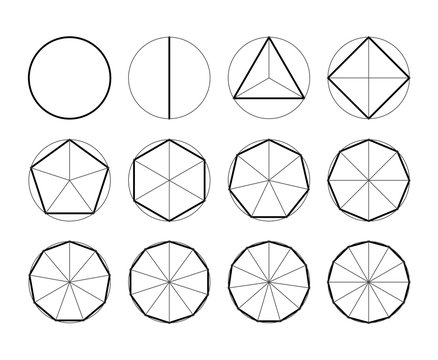 Set of geometric shapes. Polygons. Division of a circle into different parts
