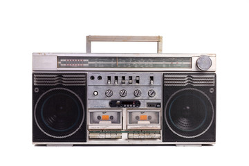 Retro portable stereo radio cassette recorder isolated on white background - obrazy, fototapety, plakaty