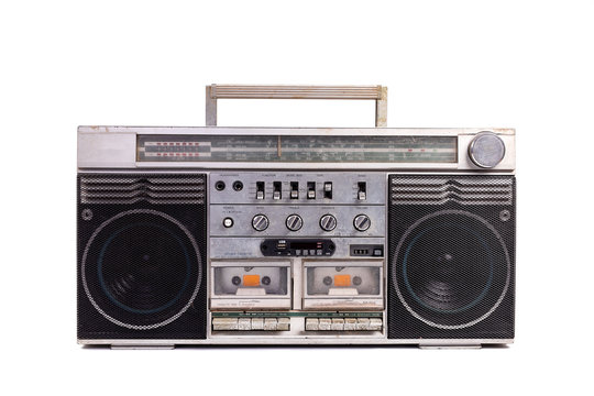 Retro portable stereo radio cassette recorder isolated on white background