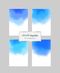 Collection of watercolor templates with blue stains. A4/A5 layouts for invitations, cards, posters. Vector illustration