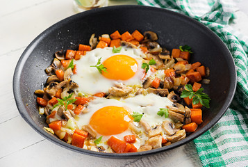 Ketogenic food. Fried egg, mushrooms and sliced pumpkin. Keto, paleo breakfast.