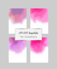 Collection of watercolor templates with pink stains. A4/A5 layouts for invitations, cards, posters. Romantic vector illustration
