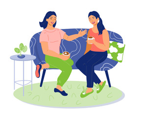 Friend girls sitting on sofa, drinking hot coffee or tea and chatting lively. Leisure time at home and friendly communication, people relationships and friendship. Flat vector illustration isolated.