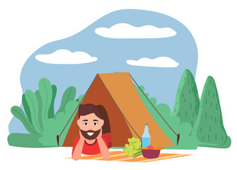 Obraz na płótnie Canvas Smiling man lying in tent near mat with cabbage and carrot products with water. Camping and hiking tourism male enjoying mountain view with green trees. Person vacation or picnic in forest vector