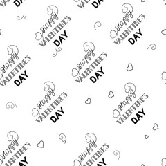 Seamless vector pattern with phrase happy valentine's day. Lettenig in black ink. Holiday elements isolated on white background. Design for packaging, paper, background, fabric.