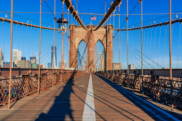 The pedestrian walkway along The Brooklyn Bridge in New York City.