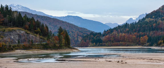 Autumn Alps mountain lake Wiestalstausee view, Salzkammergut, Upper Austria.