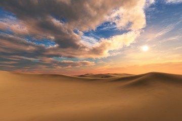 Obraz na płótnie Canvas Sand desert at sunset ,, beautiful sky over the desert, 3D rendering