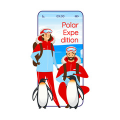 Polar expedition cartoon smartphone vector app screen. Antarctical journey. Mobile phone displays with flat character design mockup. North exploration application telephone cute interface